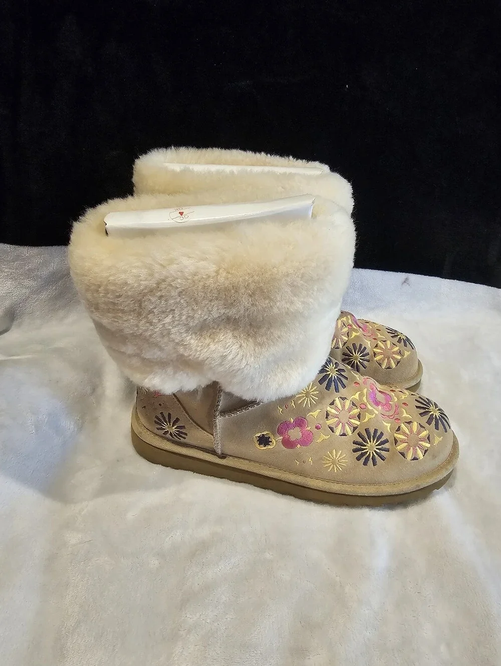 Women’s UGG Beige Floral Embroidered Suede Shearling Winter Boots